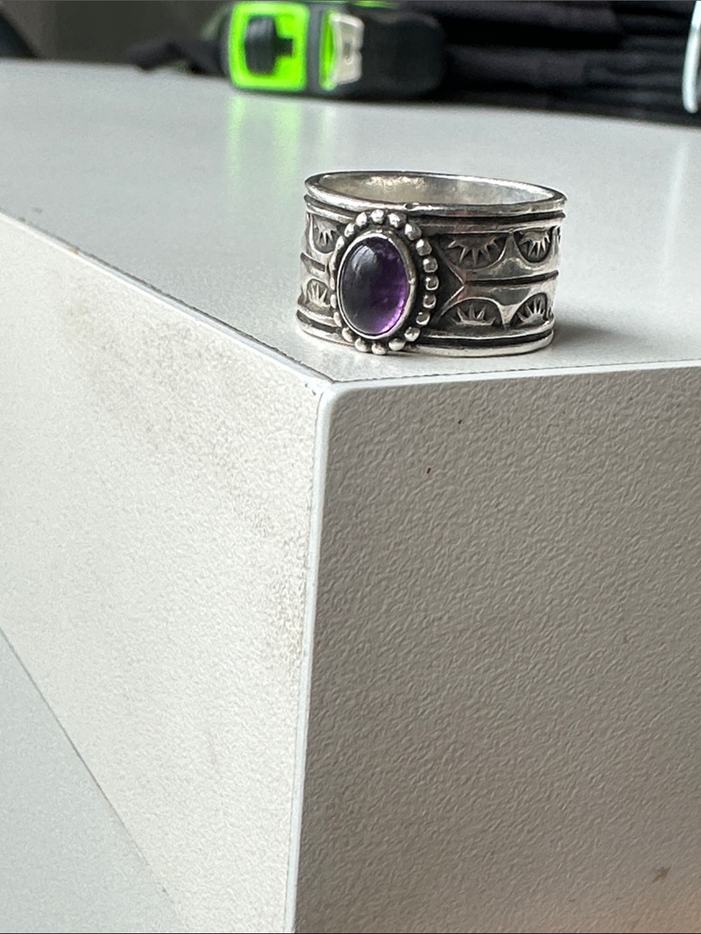Sterling Silver Wide Band Ring with Amethyst